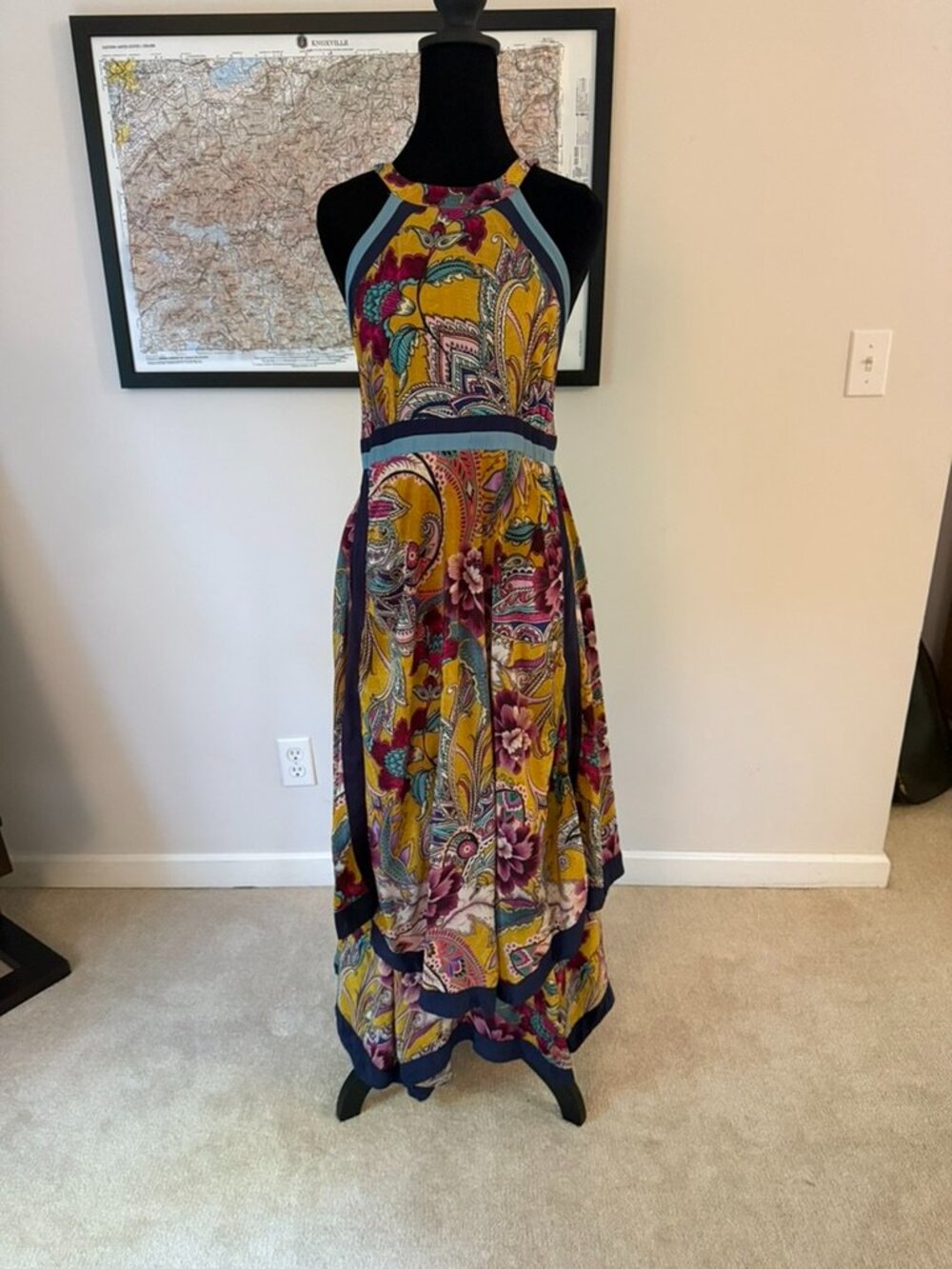 Anthropologie Yellow Floral Handkerchief Hem Midi Dress Womens Size 8